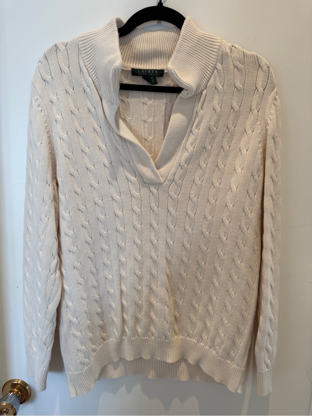 Lauren Ralph Lauren Cream Cable Knit Cotton Collared Sweater 1X Fisherman